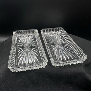 Vintage Set of 2 Pressed Glass Starburst Rectangular Relish Trays MCM